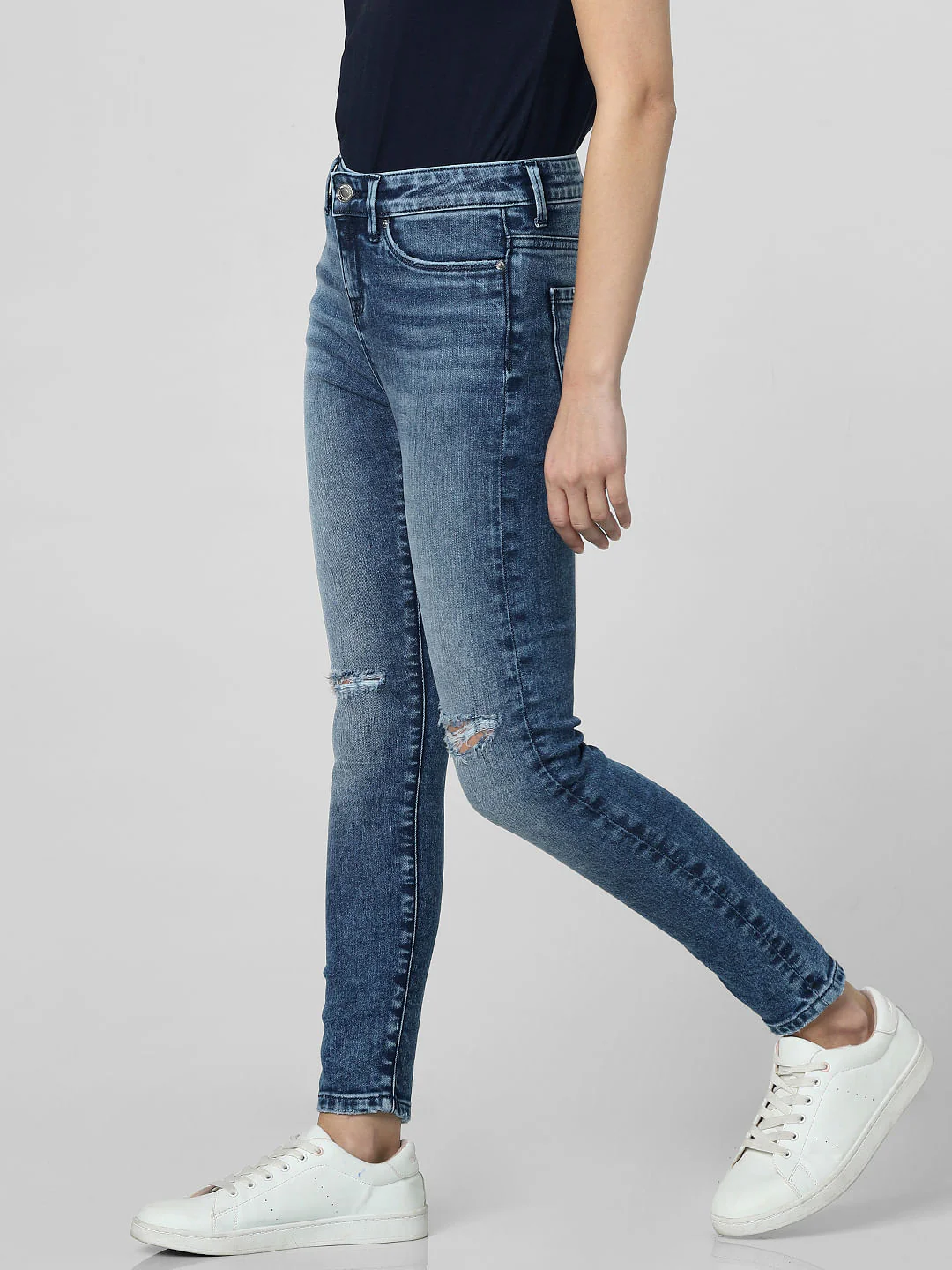 Blue Mid Rise Knee Ripped Skinny Fit Jeans - Image 3