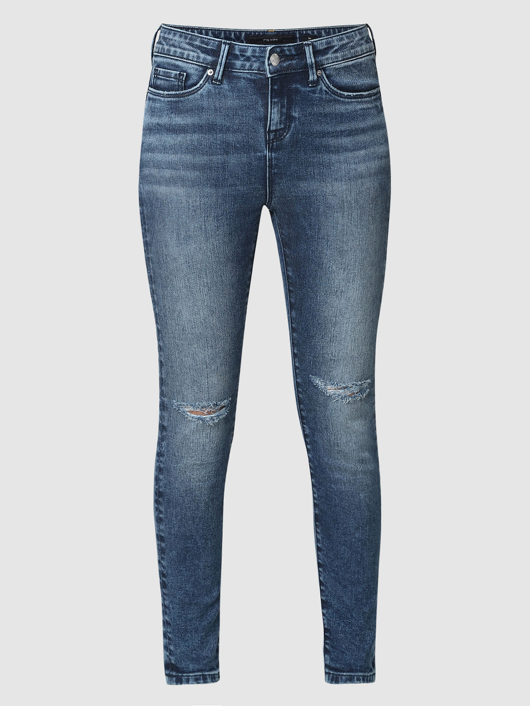 Blue Mid Rise Knee Ripped Skinny Fit Jeans - Image 7