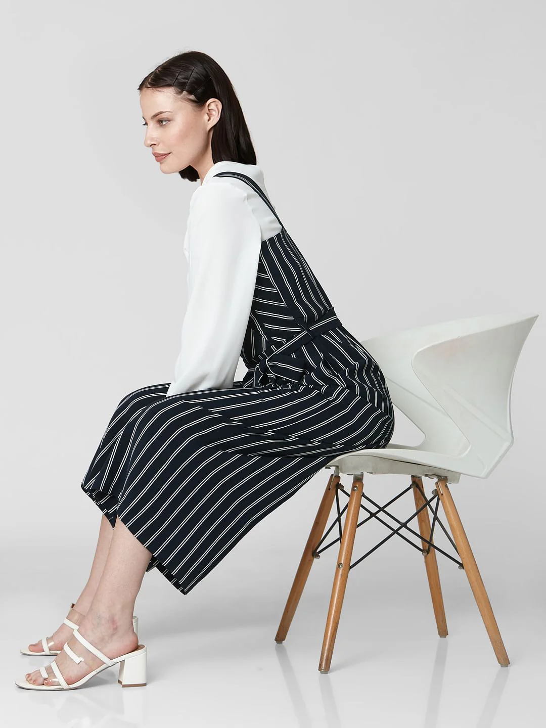 Navy Blue Striped Belted Jumpsuit - Image 2