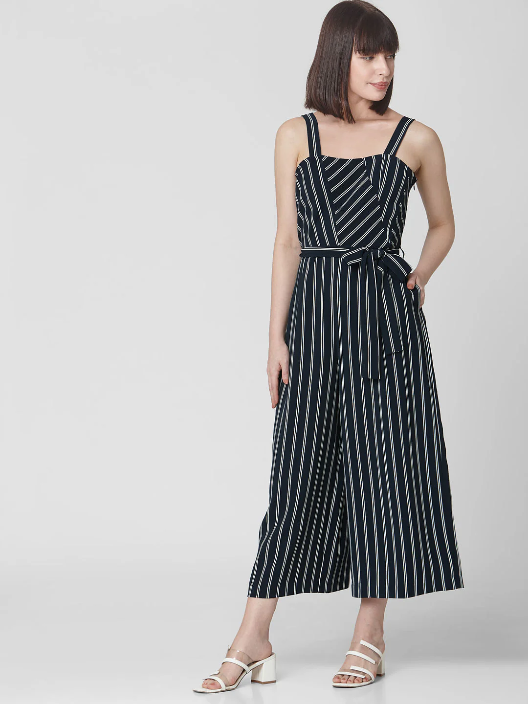 Navy Blue Striped Belted Jumpsuit - Image 3