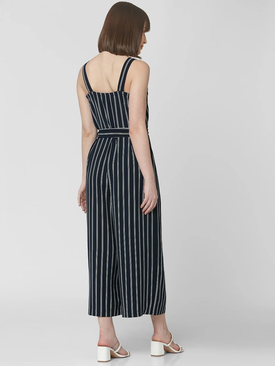 Navy Blue Striped Belted Jumpsuit - Image 4