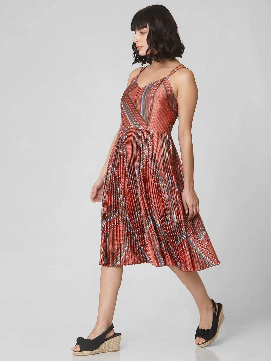 Brown Abstract Print Fit & Flare Dress - Image 3