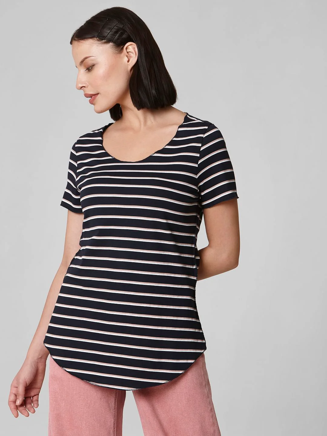 Blue Curved Hem Striped T-Shirt - Image 2