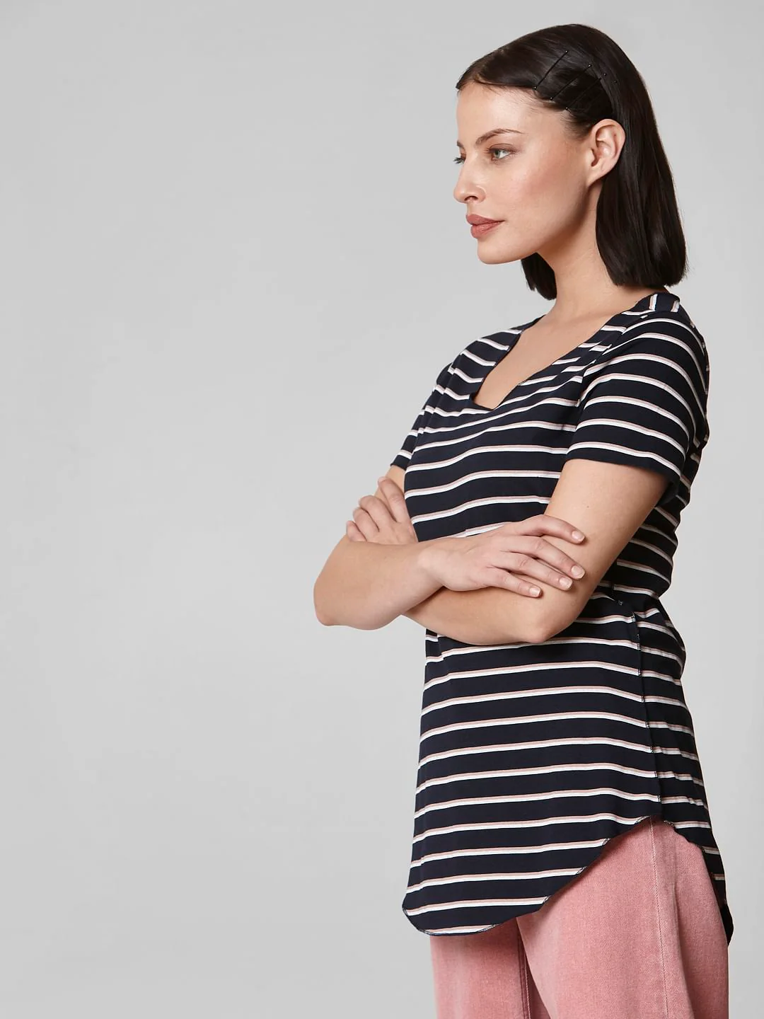 Blue Curved Hem Striped T-Shirt - Image 3