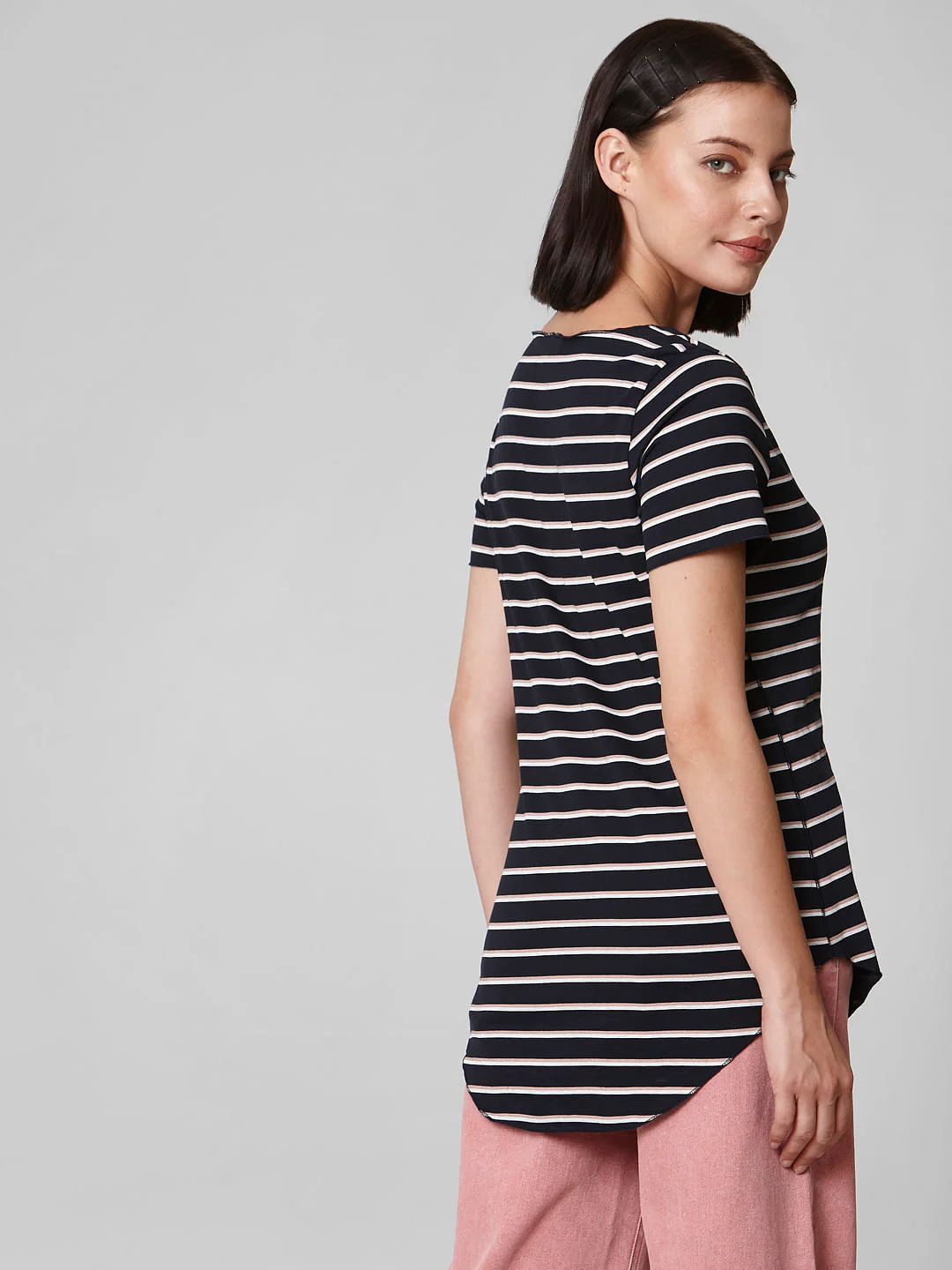 Blue Curved Hem Striped T-Shirt - Image 4