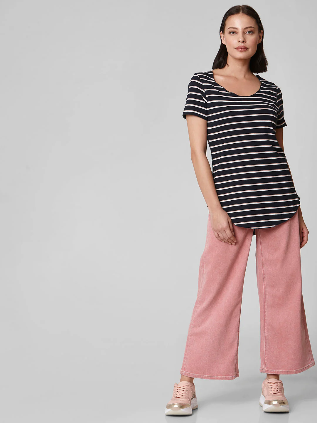 Blue Curved Hem Striped T-Shirt - Image 5
