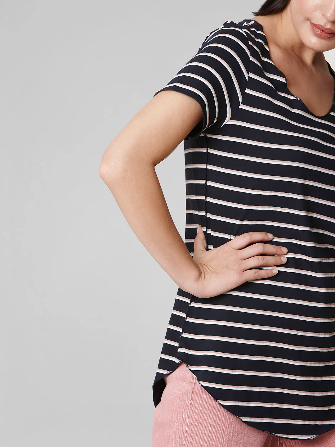 Blue Curved Hem Striped T-Shirt - Image 6