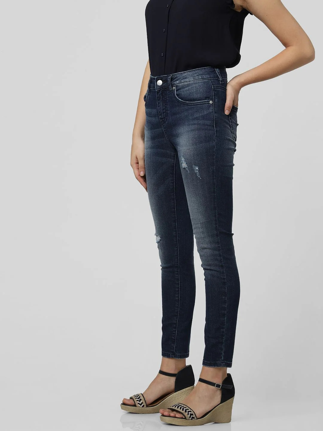Blue Mid Rise Distressed Skinny Jeans - Image 3