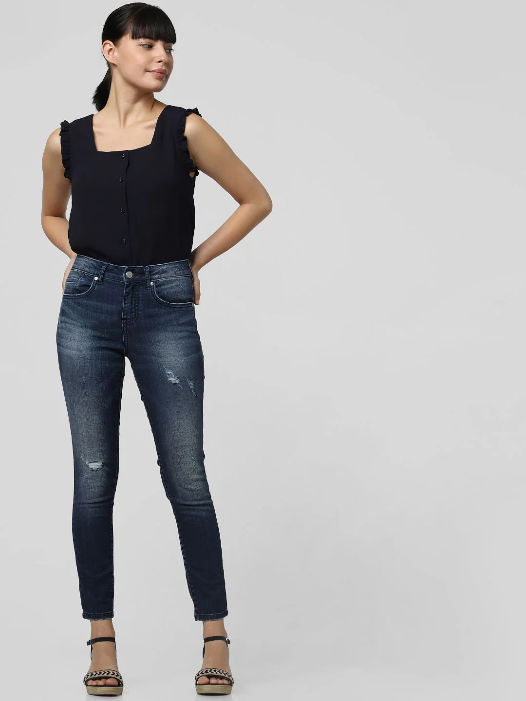Blue Mid Rise Distressed Skinny Jeans - Image 5