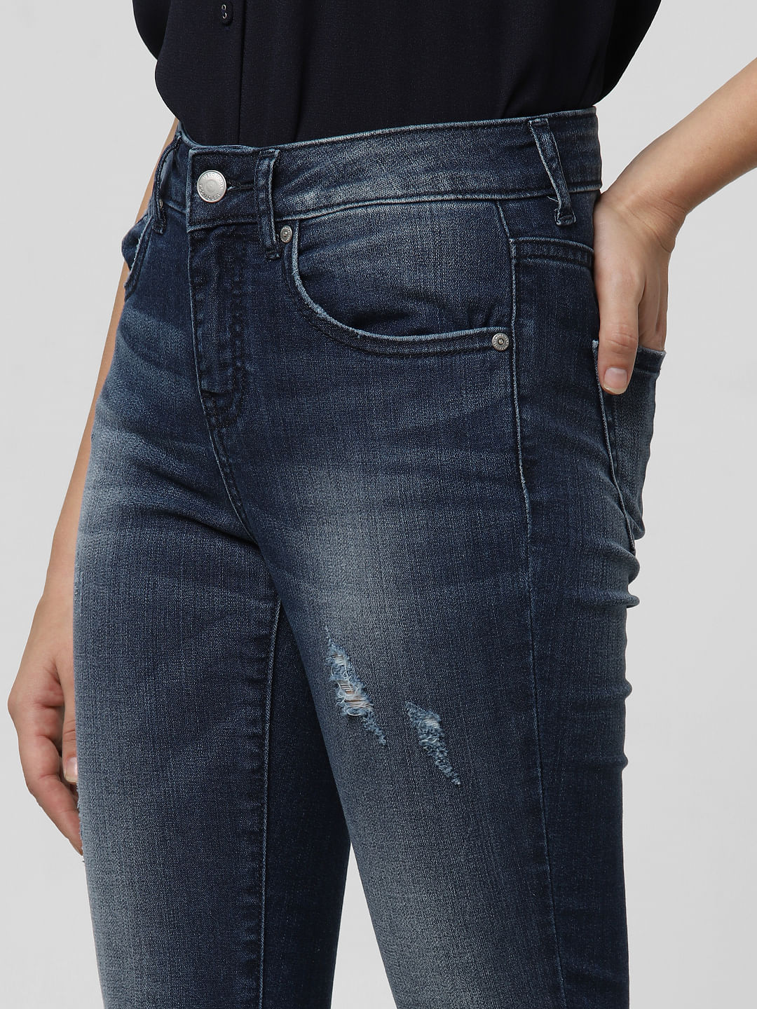 Blue Mid Rise Distressed Skinny Jeans - Image 6