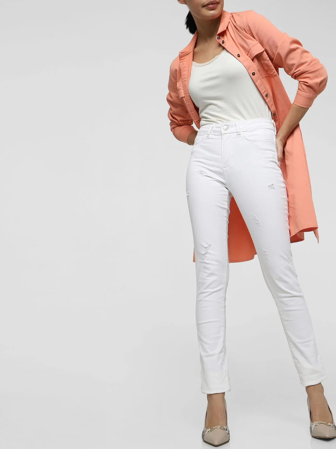 White Mid Rise Distressed Skinny Jeans - Image 2