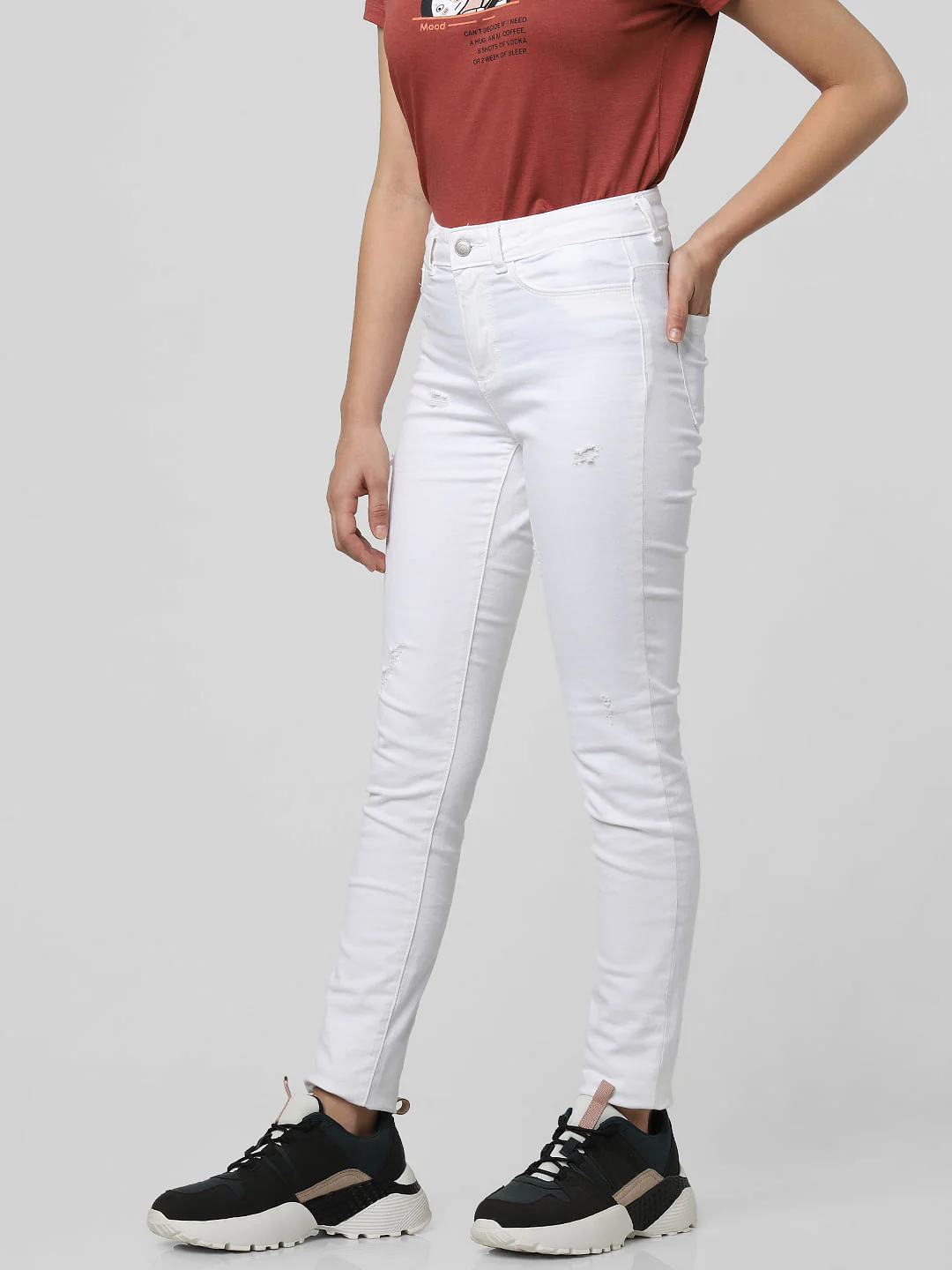 White Mid Rise Distressed Skinny Jeans - Image 3