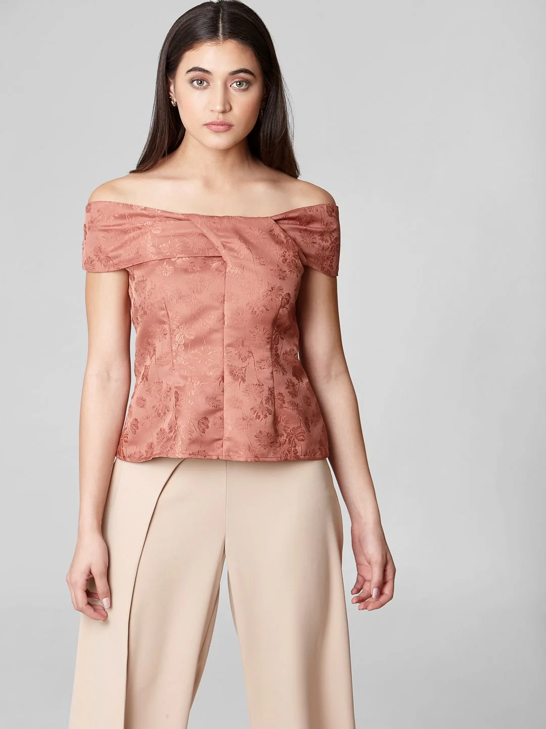 Brown Floral Print Off-Shoulder Top - Image 2