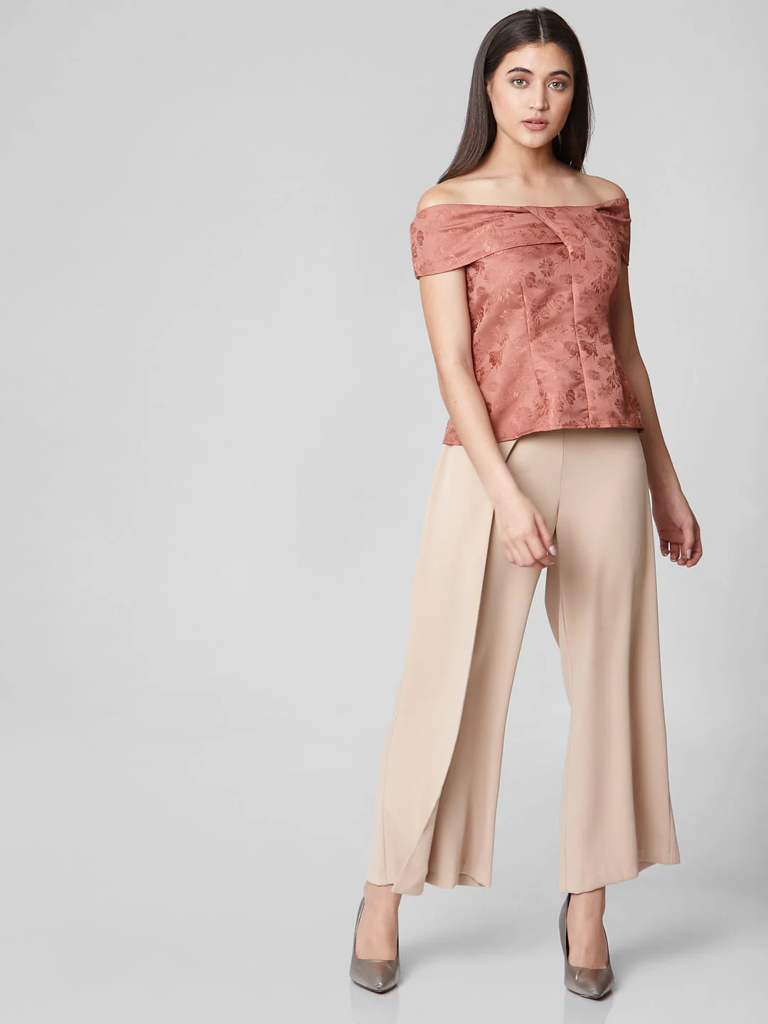 Brown Floral Print Off-Shoulder Top - Image 5