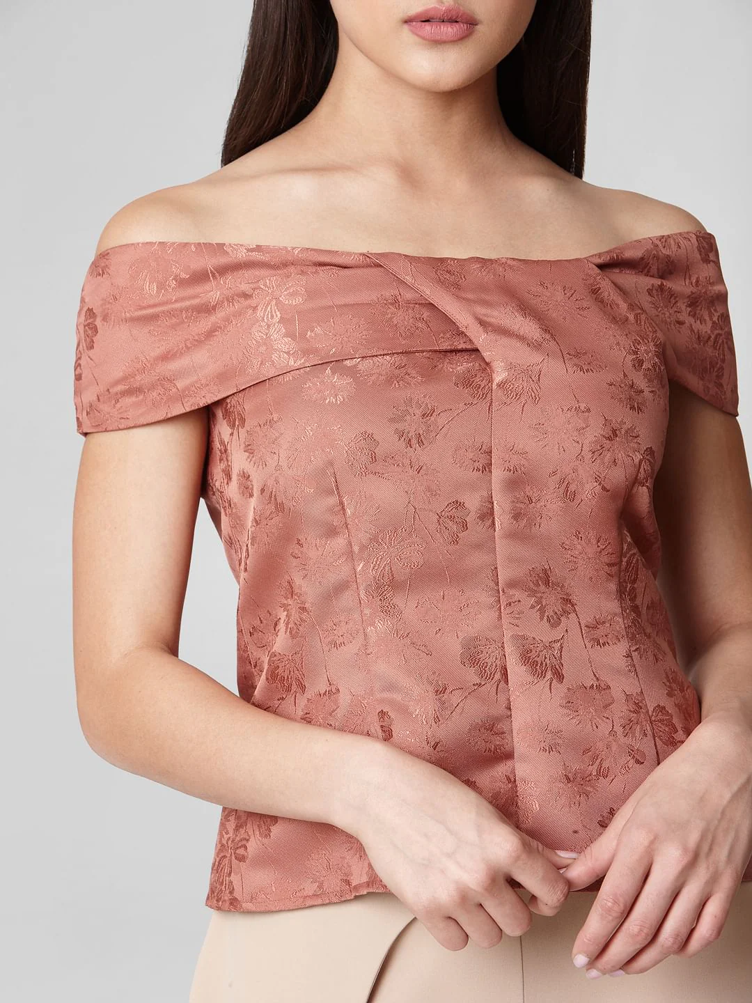 Brown Floral Print Off-Shoulder Top - Image 6