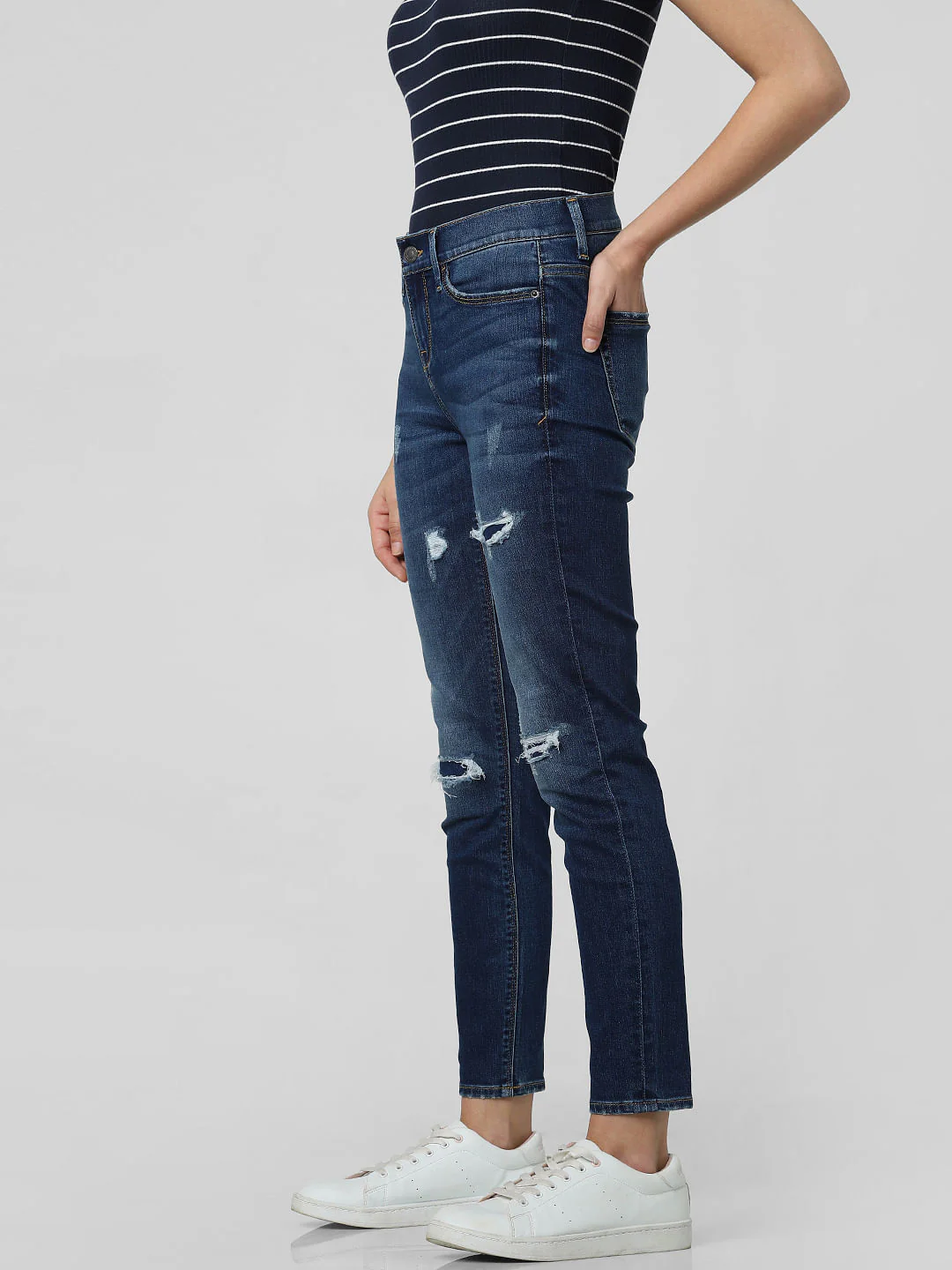 Blue Mid Rise Ripped Skinny Fit Jeans - Image 3