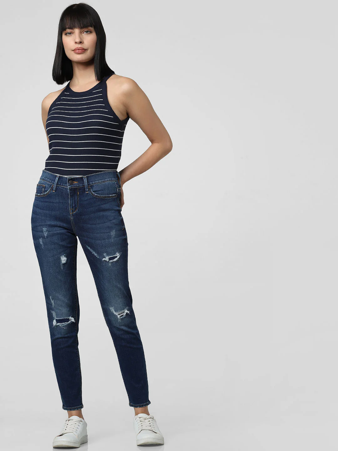 Blue Mid Rise Ripped Skinny Fit Jeans - Image 5