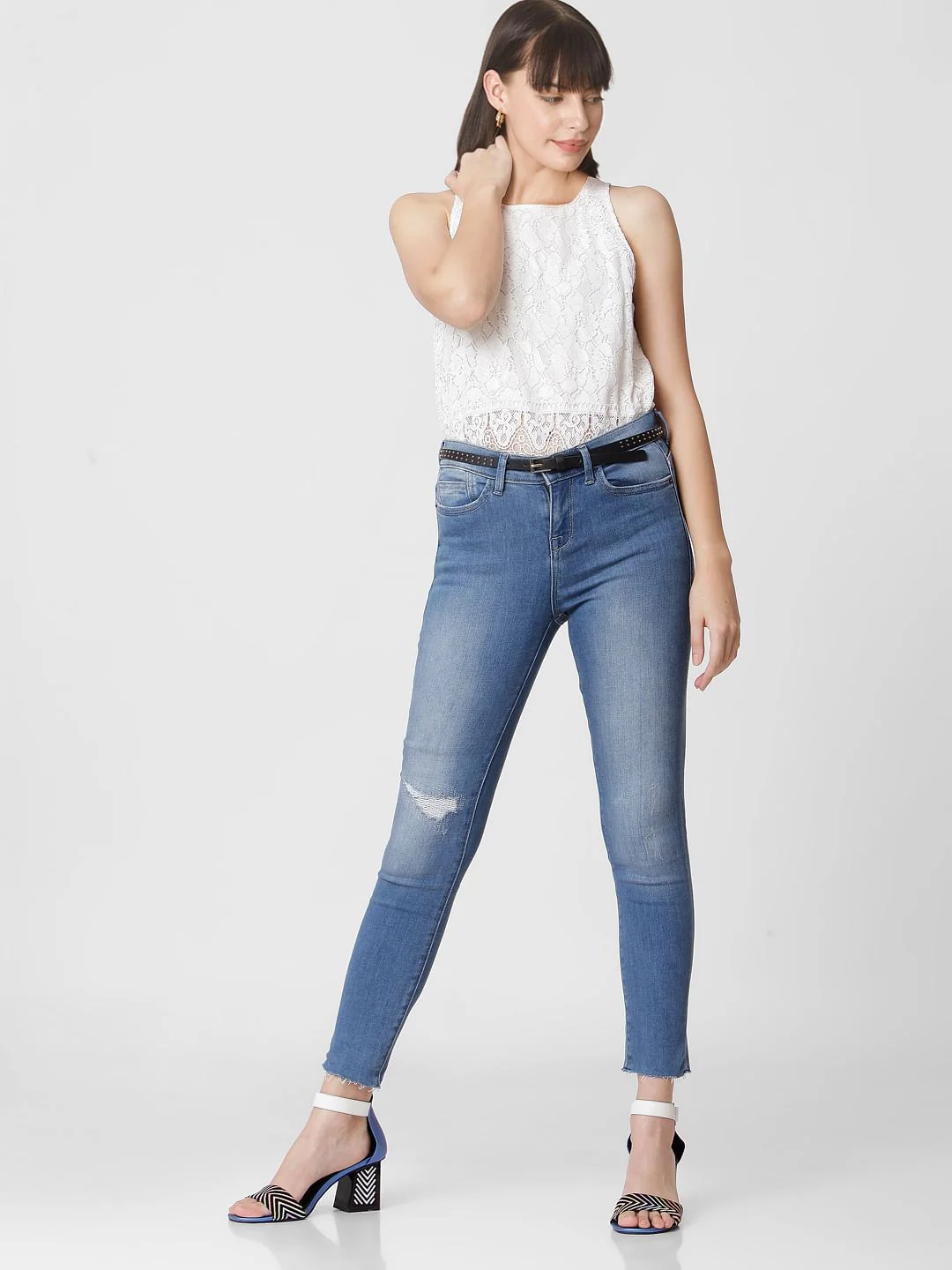 Blue Mid Rise Mildly Distressed Skinny Jeans - Image 2