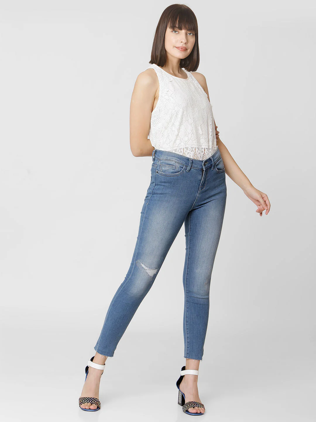 Blue Mid Rise Mildly Distressed Skinny Jeans - Image 6