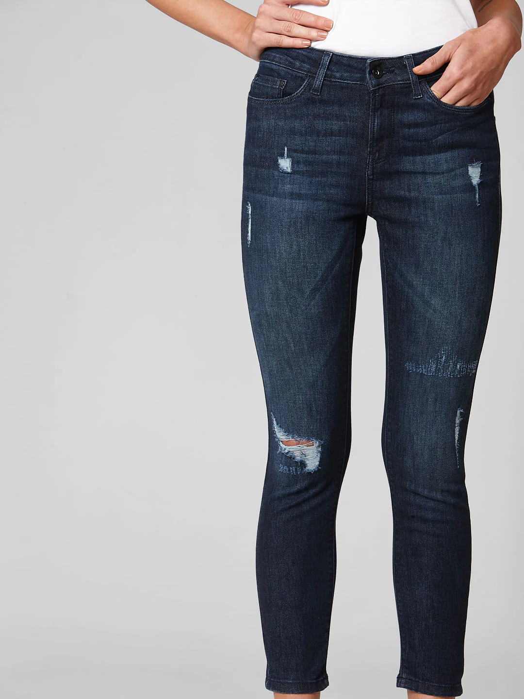 Blue Mid Rise Distressed Skinny Jeans - Image 5