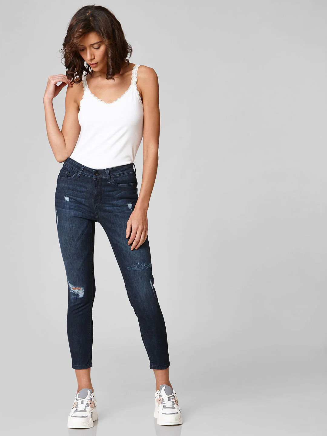 Blue Mid Rise Distressed Skinny Jeans - Image 6
