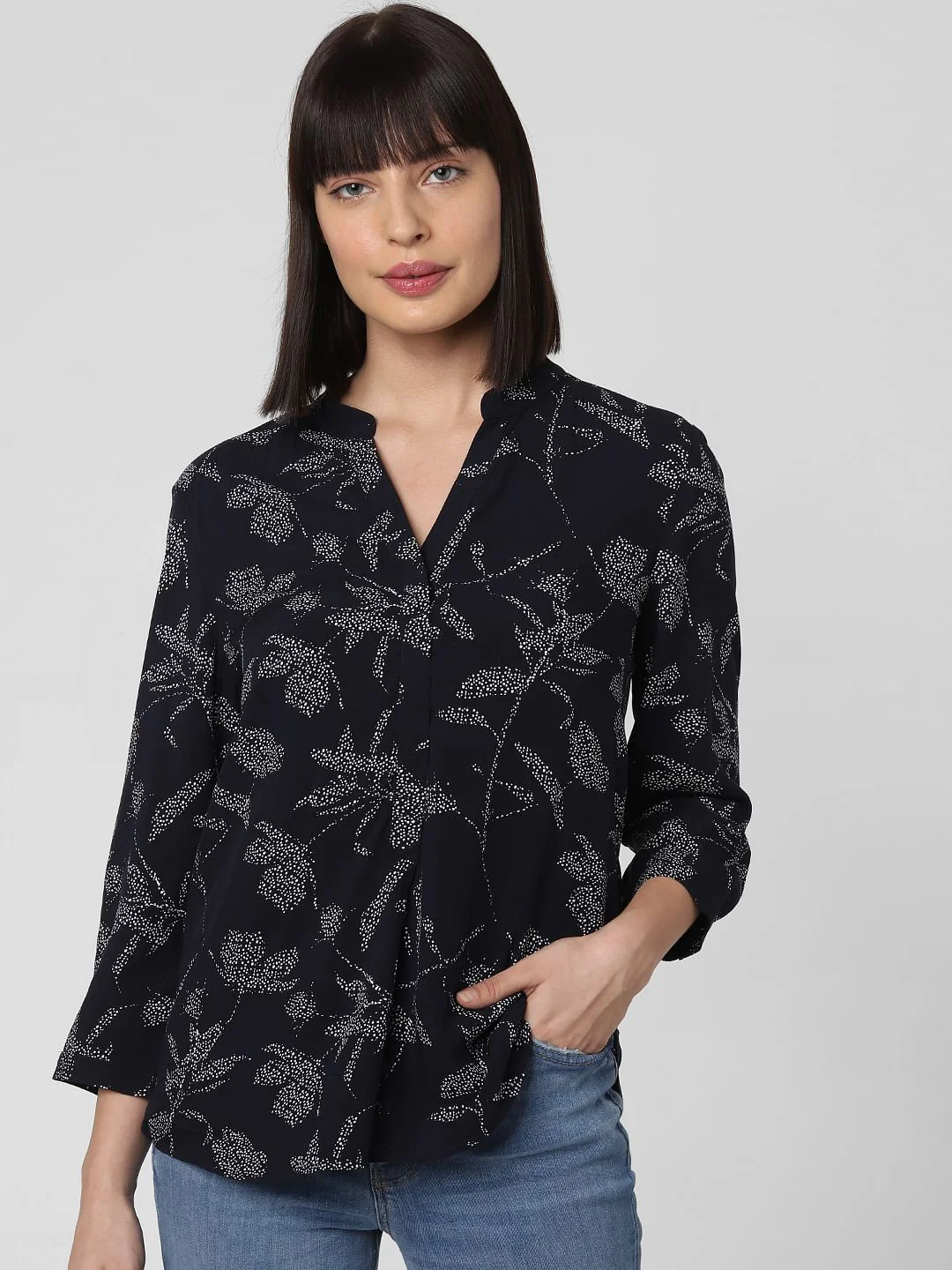 Navy Blue All Over Floral Print Top - Image 2