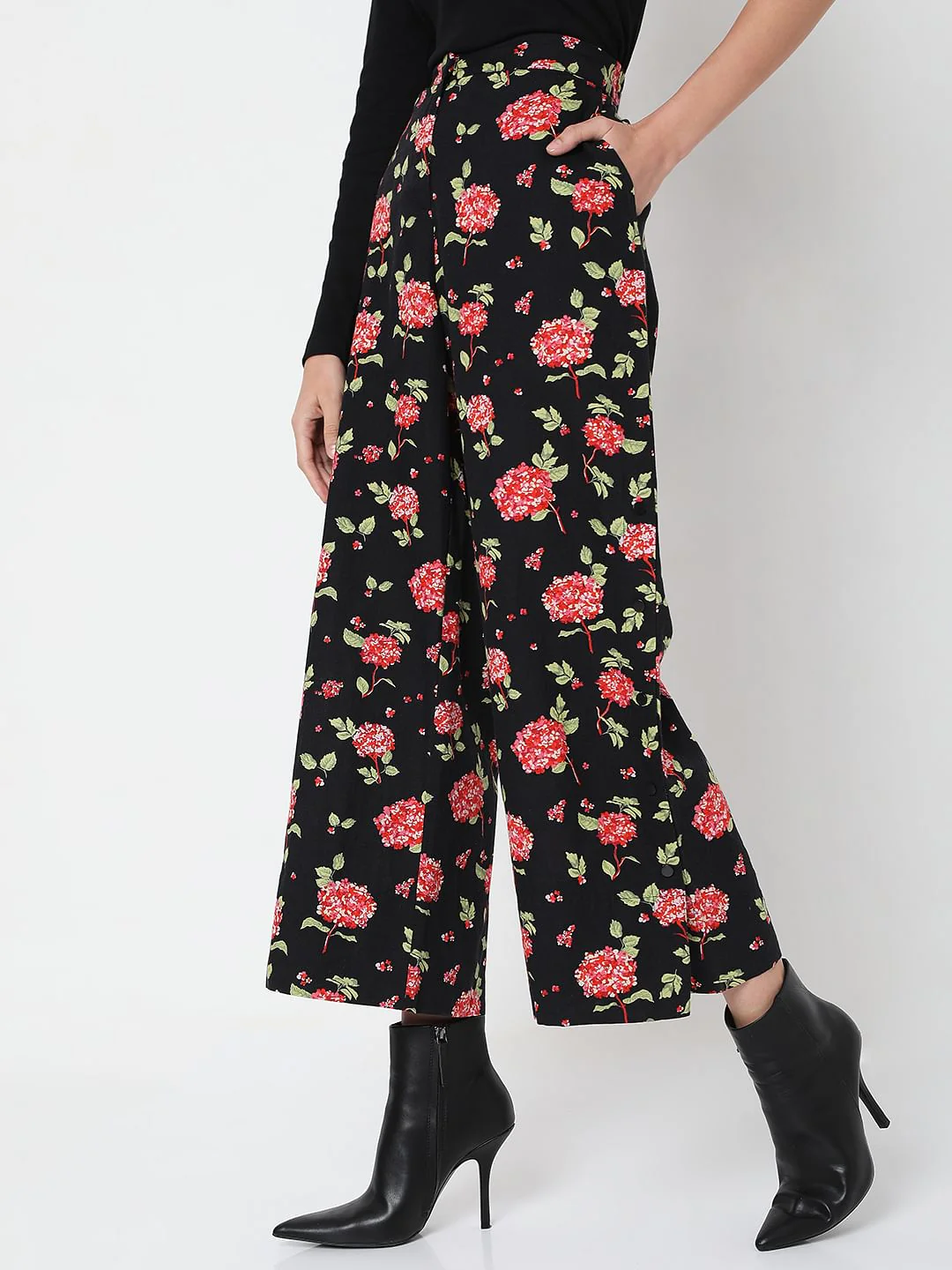 Black High Rise Floral Print Pants - Image 3