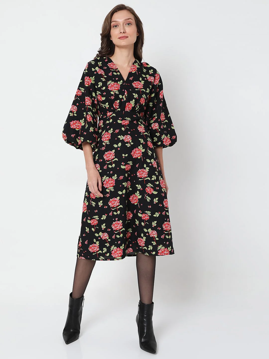 Black Floral Print Midi Dress - Image 2