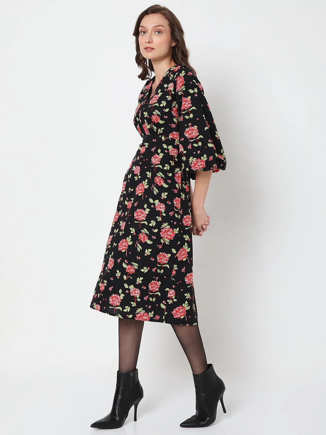 Black Floral Print Midi Dress - Image 3