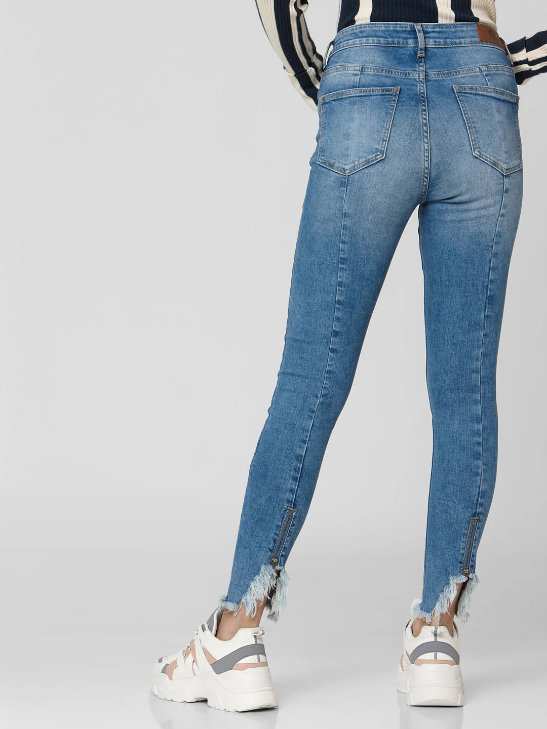 Blue Mid Rise Frayed Hem Skinny Fit Jeans - Image 4