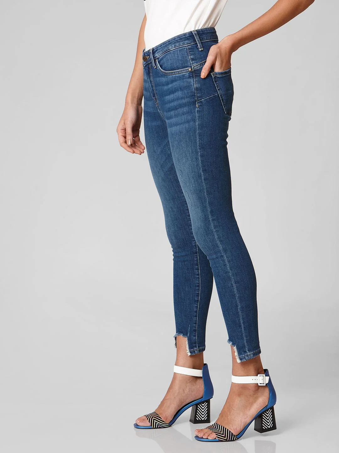 Blue Mid Rise Distressed Hem Skinny Jeans - Image 3