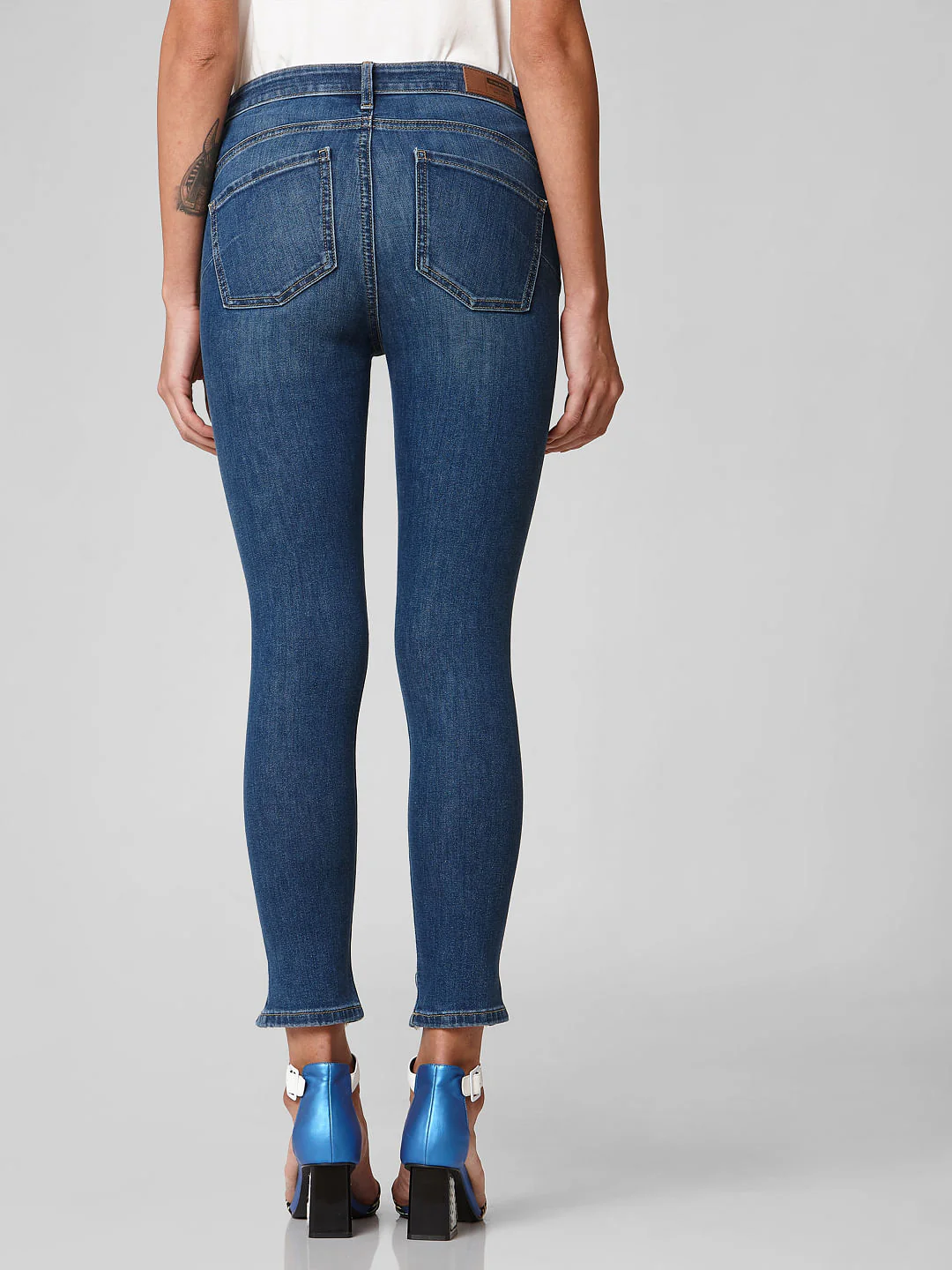 Blue Mid Rise Distressed Hem Skinny Jeans - Image 4