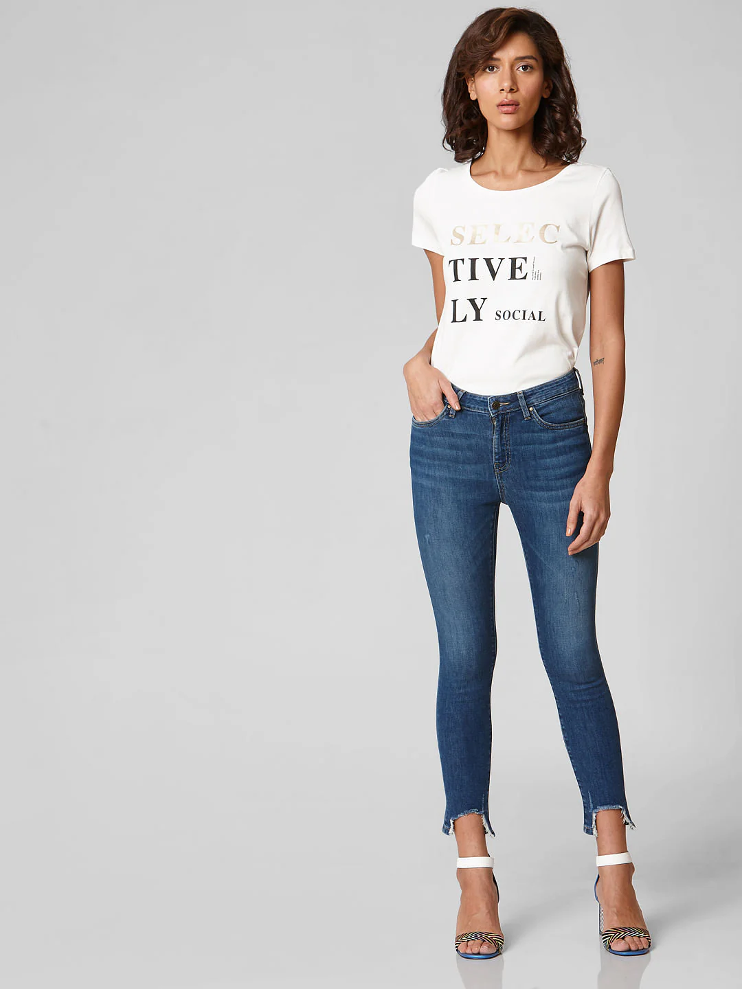 Blue Mid Rise Distressed Hem Skinny Jeans - Image 6