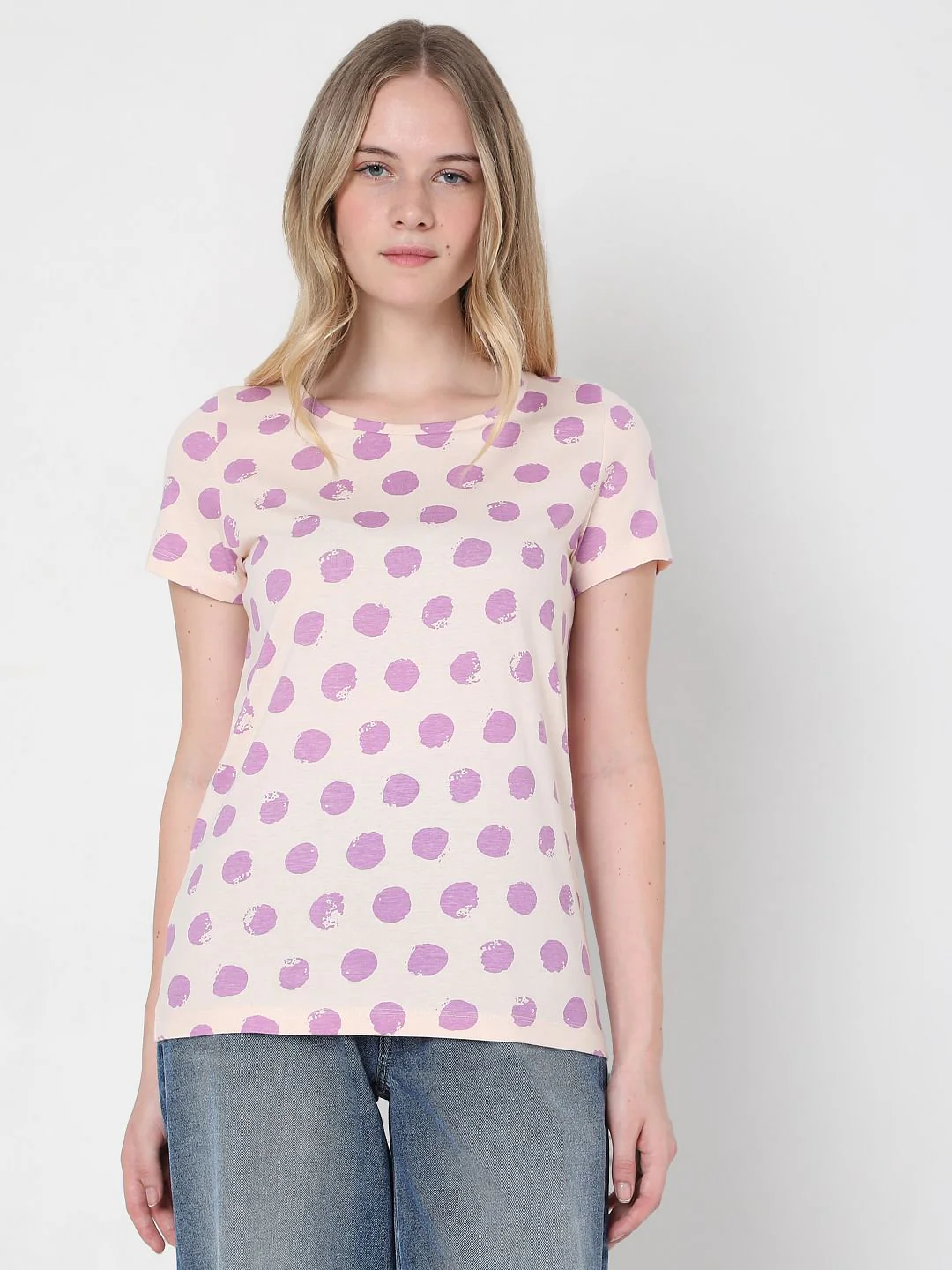 Beige & Purple Dotted T-Shirt - Image 2