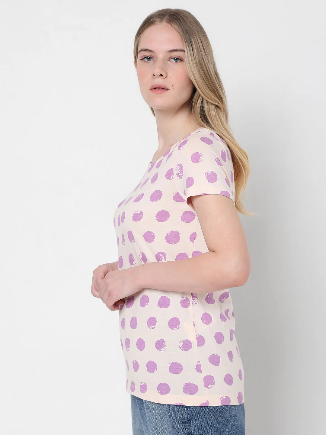 Beige & Purple Dotted T-Shirt - Image 3