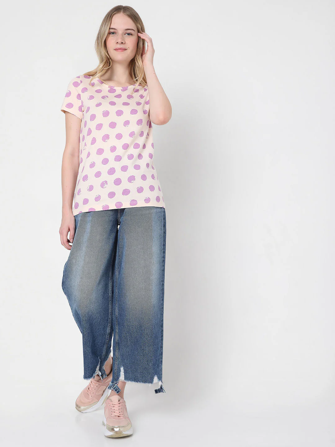 Beige & Purple Dotted T-Shirt - Image 5