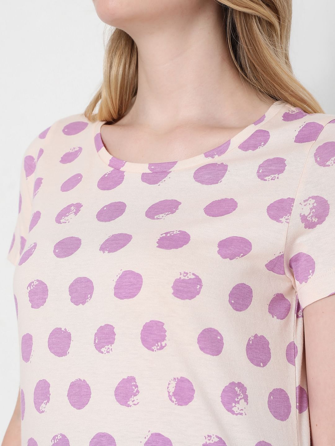 Beige & Purple Dotted T-Shirt - Image 6