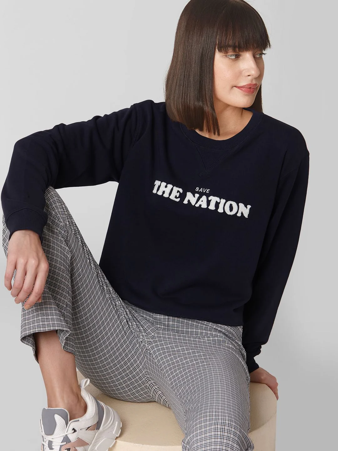 Blue Text Print Cropped Sweatshirt