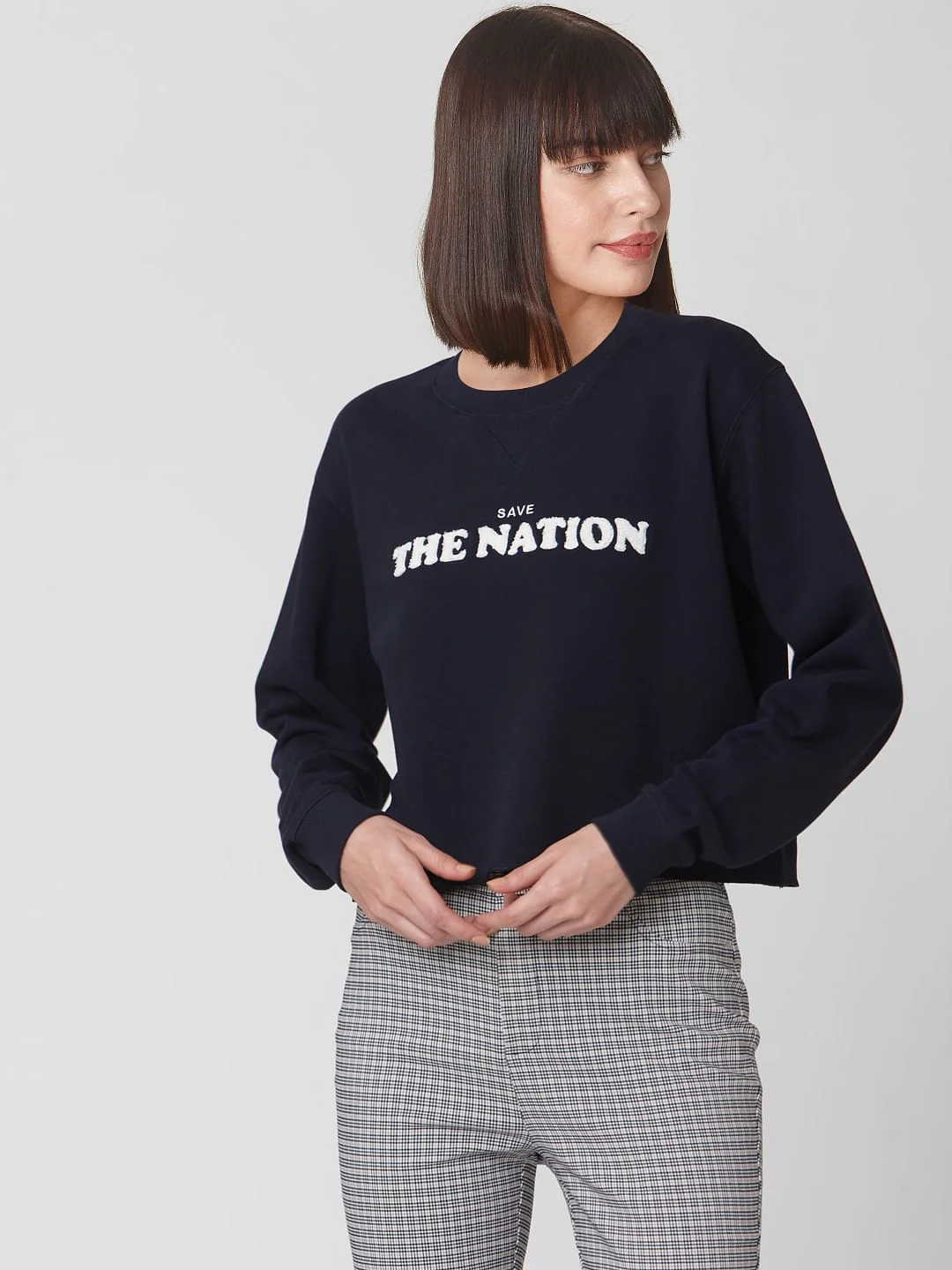 Blue Text Print Cropped Sweatshirt - Image 2