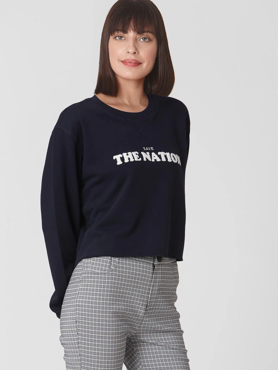Blue Text Print Cropped Sweatshirt - Image 3