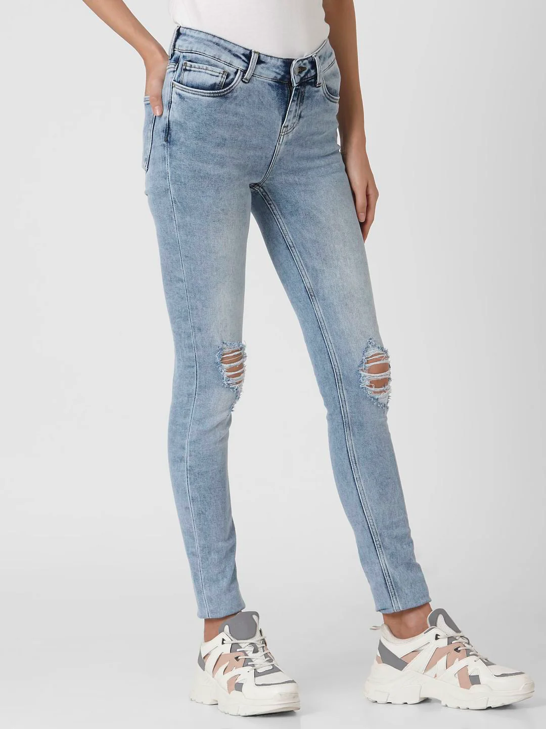 Light Blue Mid Rise Ripped Skinny Jeans - Image 3