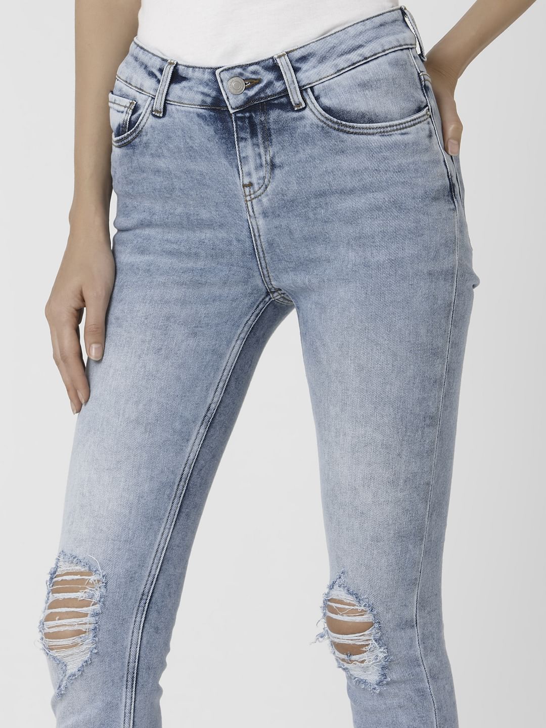 Light Blue Mid Rise Ripped Skinny Jeans - Image 6