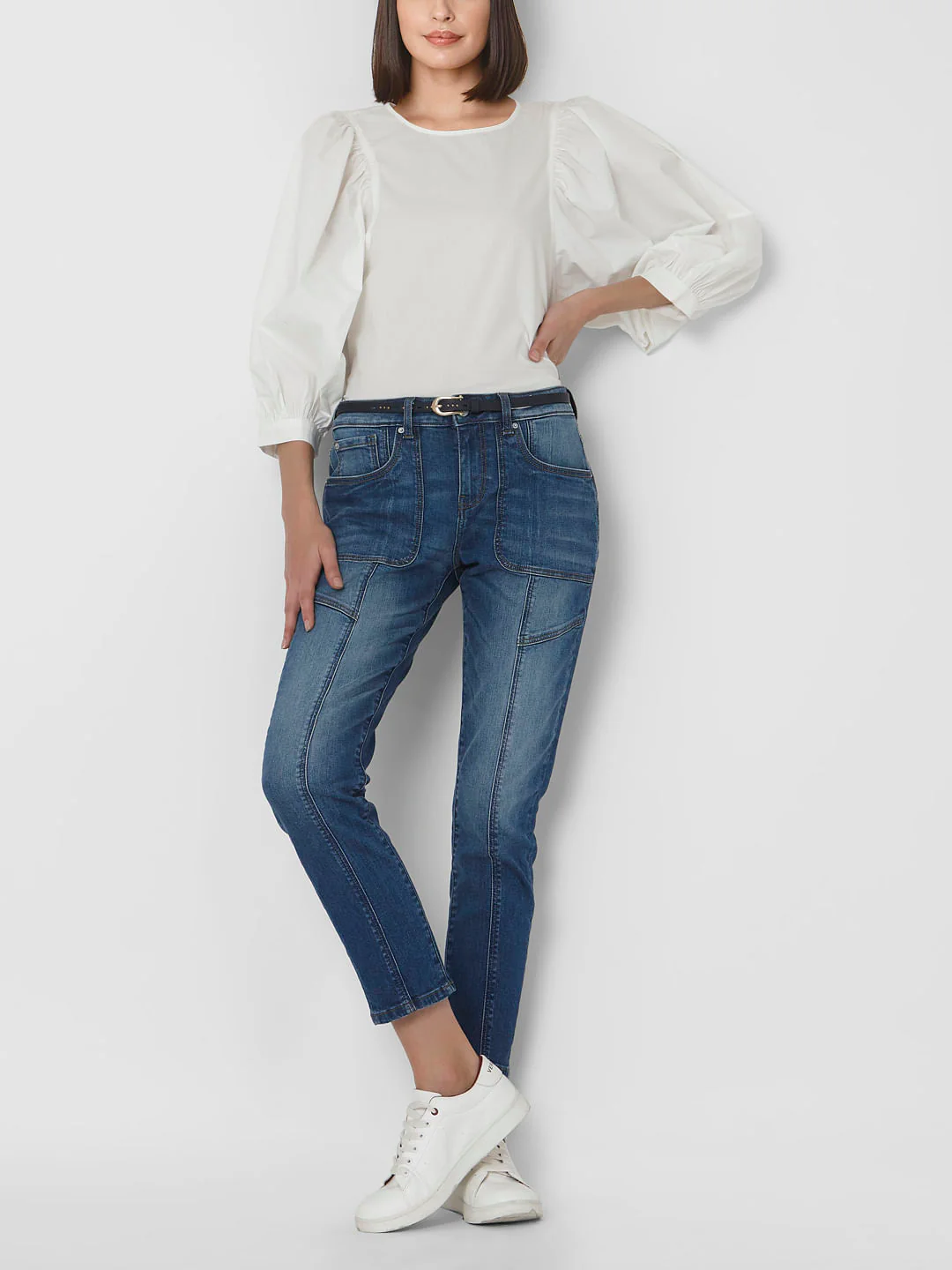 Blue Mid Rise Patch Pocket Girlfriend Jeans - Image 2