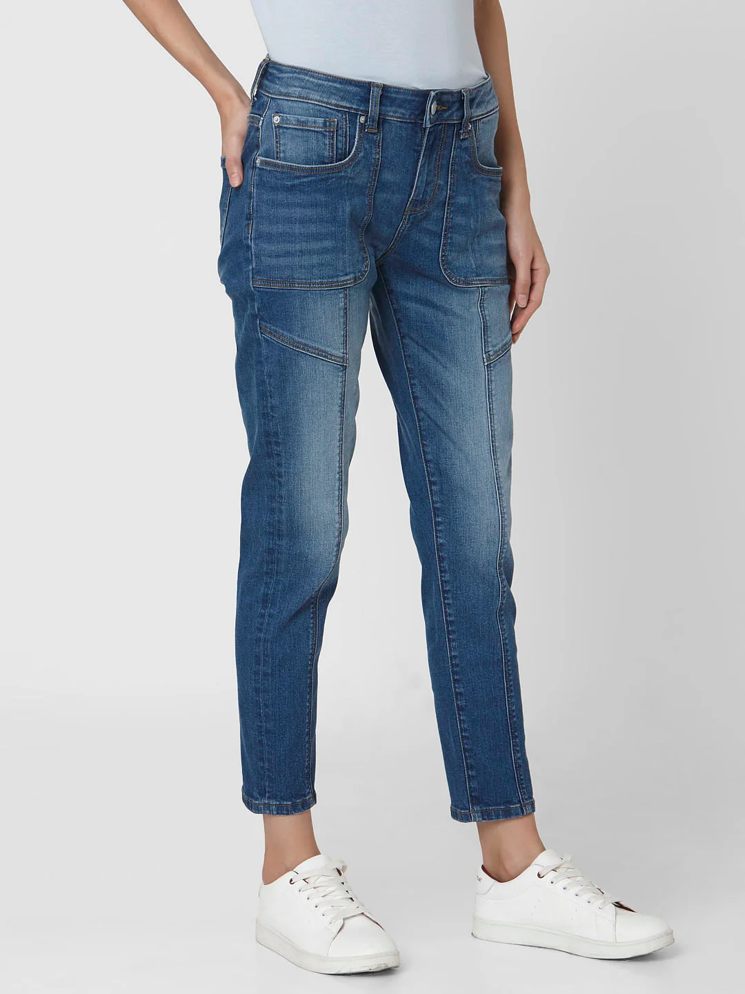 Blue Mid Rise Patch Pocket Girlfriend Jeans - Image 3