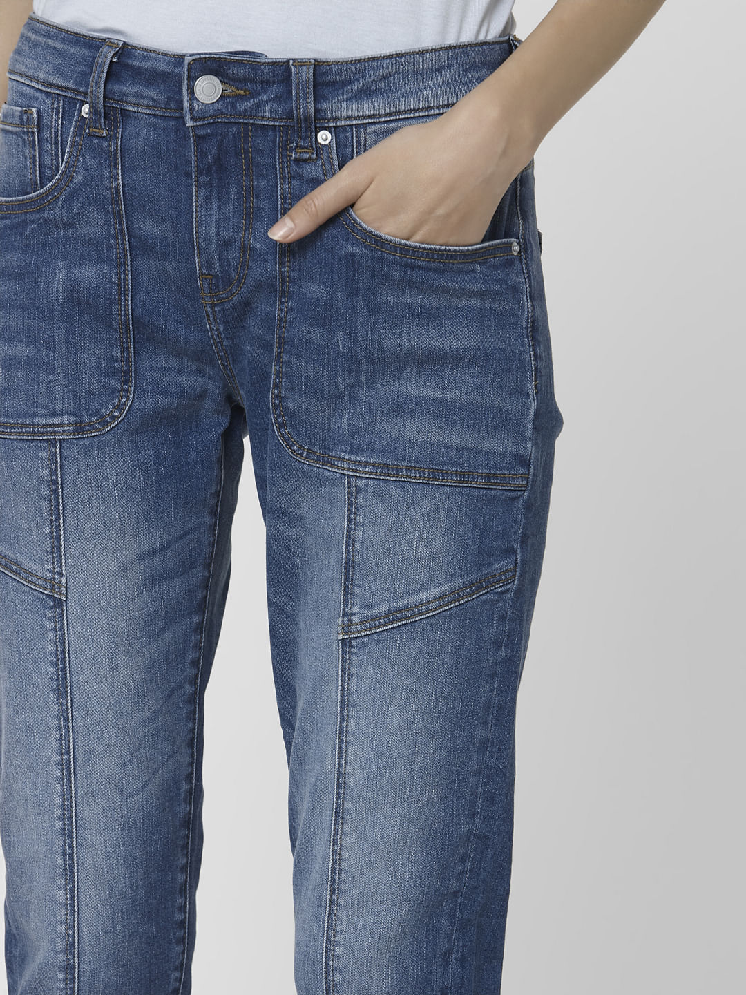 Blue Mid Rise Patch Pocket Girlfriend Jeans - Image 5