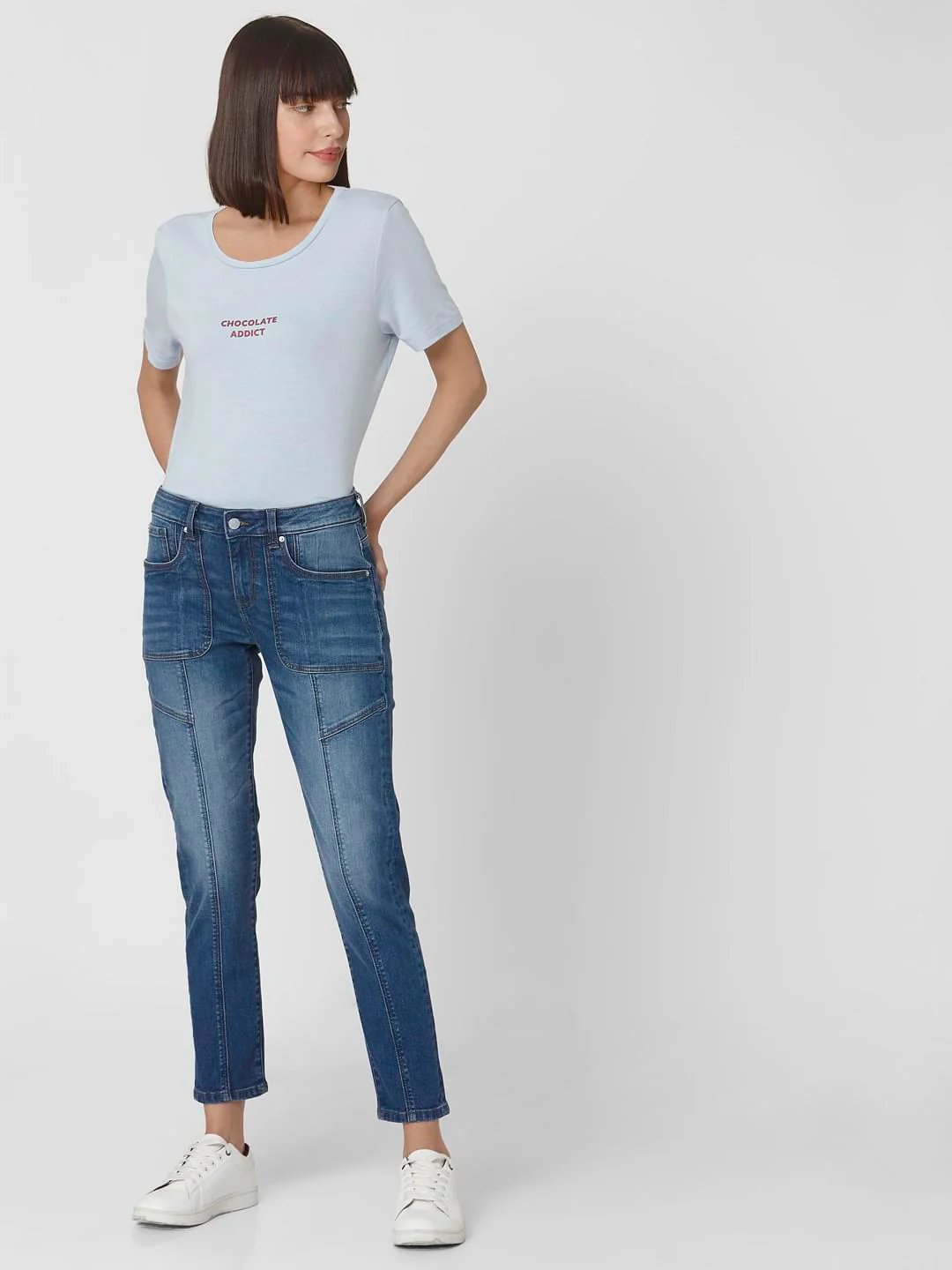 Blue Mid Rise Patch Pocket Girlfriend Jeans - Image 6