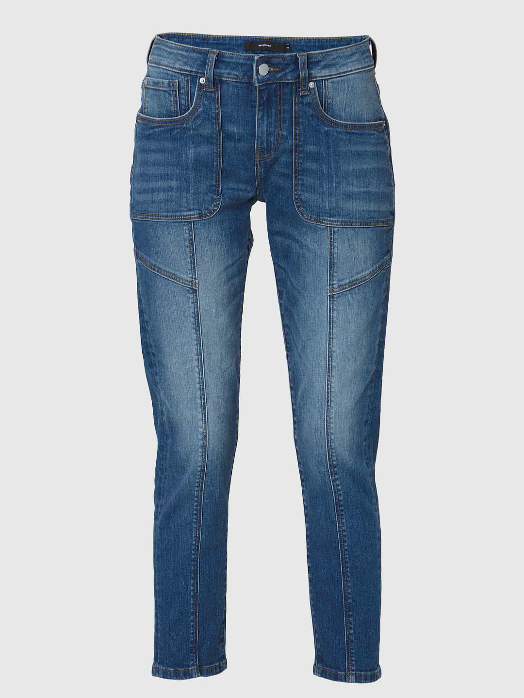 Blue Mid Rise Patch Pocket Girlfriend Jeans - Image 7