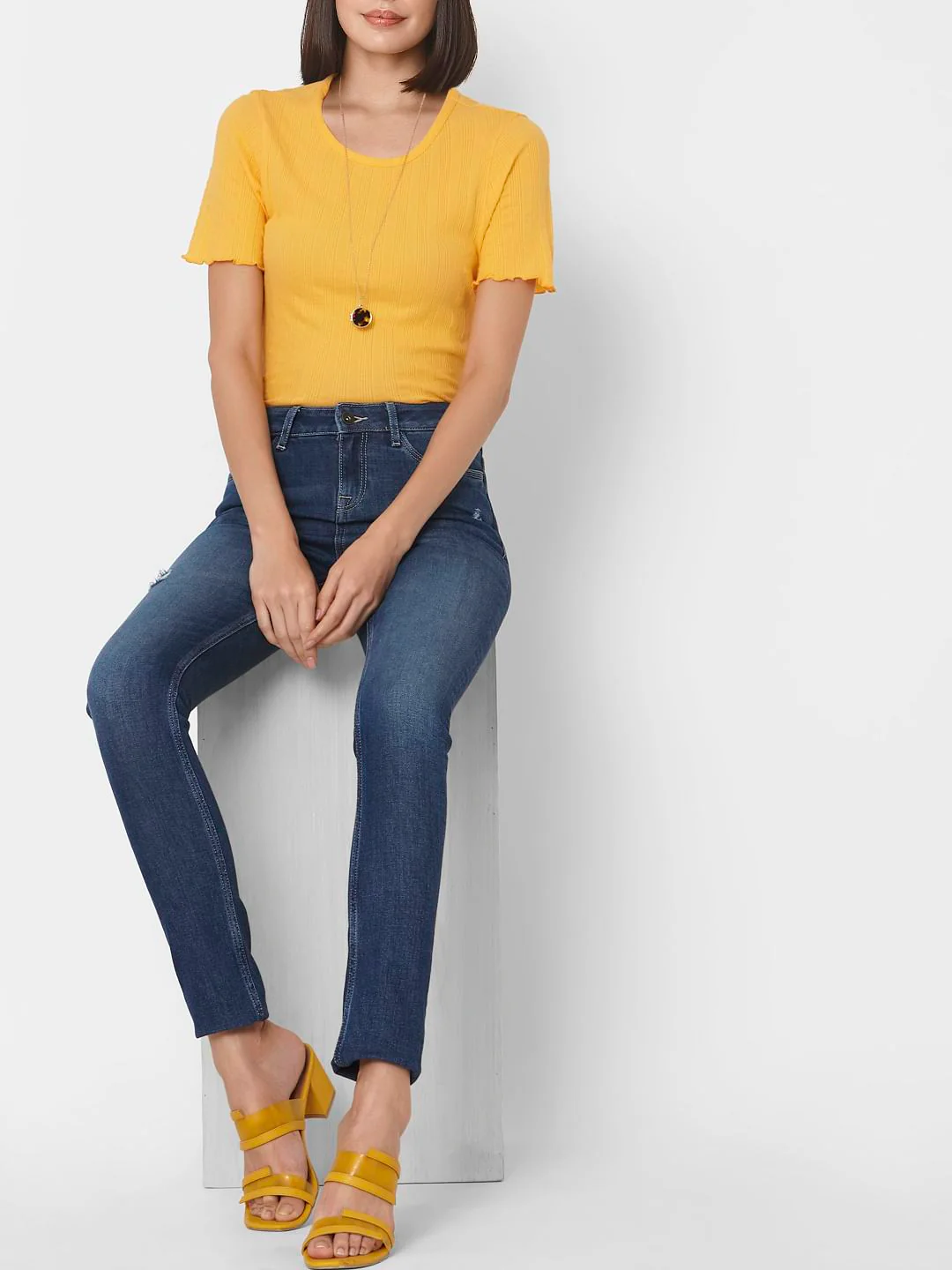 Dark Blue Mid Rise Ripped Skinny Jeans - Image 2