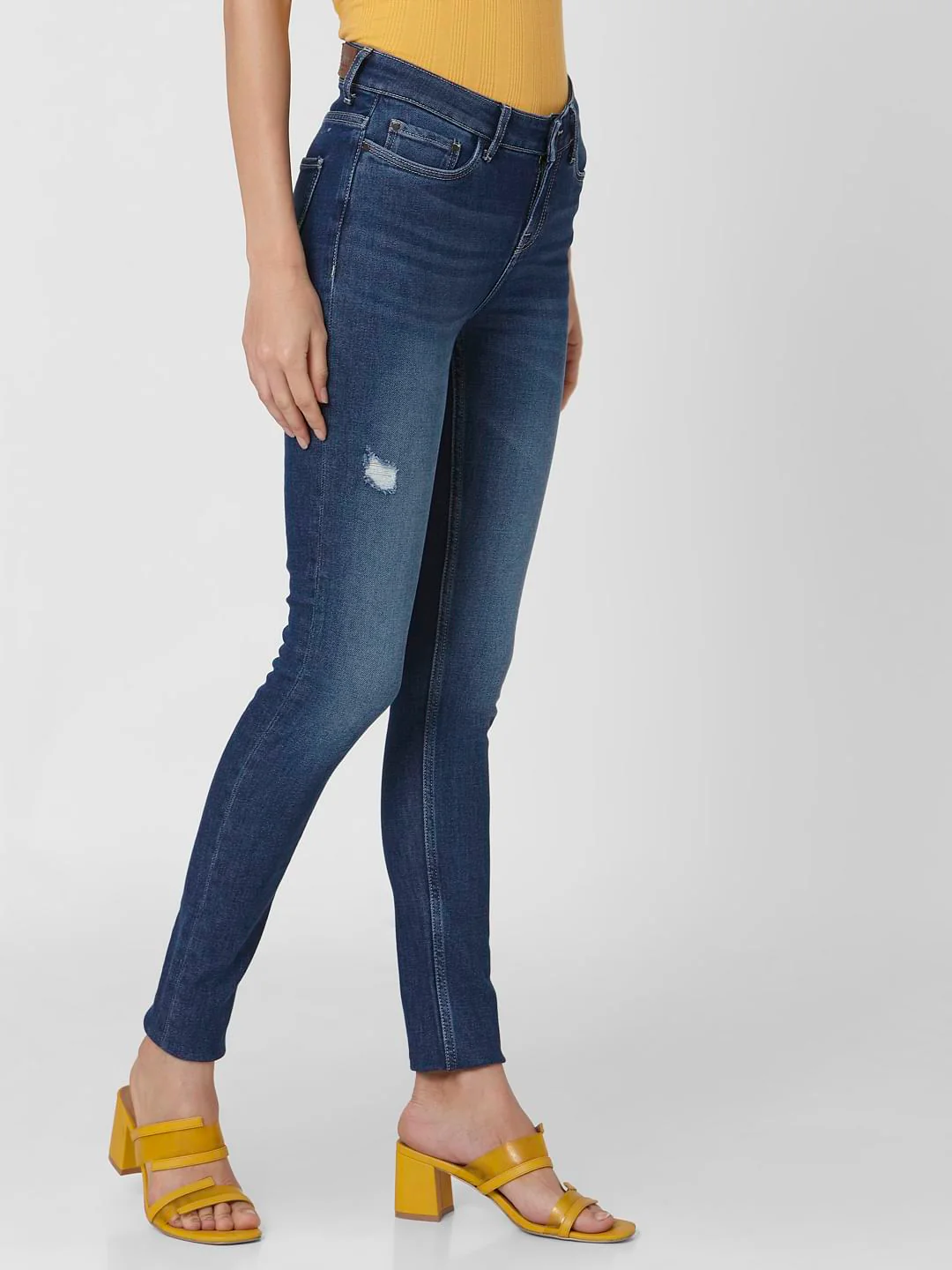 Dark Blue Mid Rise Ripped Skinny Jeans - Image 3
