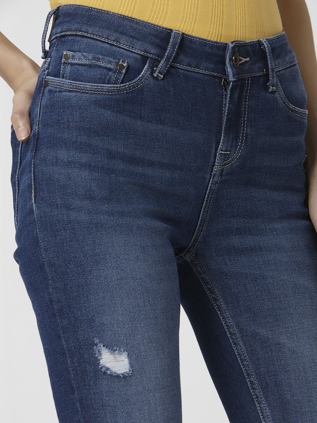 Dark Blue Mid Rise Ripped Skinny Jeans - Image 5